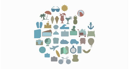 Fototapeta premium Modern summer travel icon collection with beach holiday tourism symbols vector set