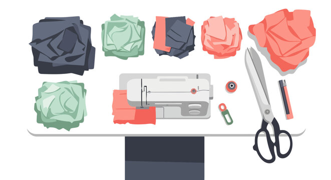 Sewing machine with fabric scraps and scissors.