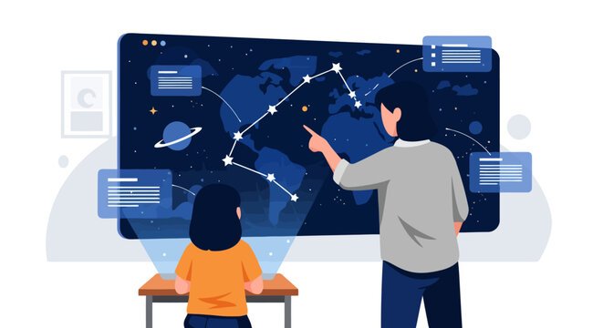 Teacher and student interacting with digital constellation map.