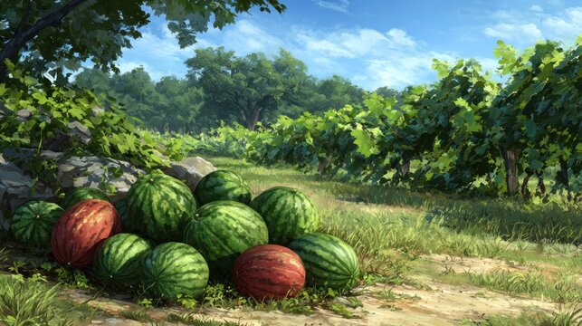 Ripe watermelons rest beside a verdant vineyard under a bright summer sky