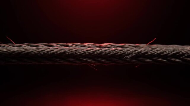 Macro shot of a braided steel cable under red light.