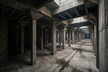 Naklejka premium Vast subterranean brutalist concrete space with columns and long pathways