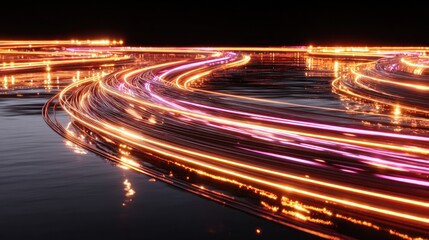 Fototapeta premium Illuminated digital streams move rapidly across a dark, reflective surface.