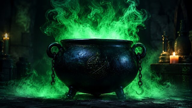 Mysterious cauldron bubbling with green toxic gas in dark dungeon.