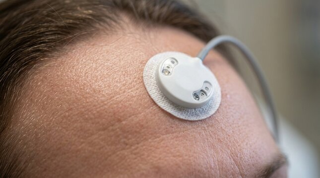 Cerebral Oximetry NIRS Sensor on Forehead No Face &mdash; Neurosurgery Cardiac Surgery Monitoring Commercial Stock Photo