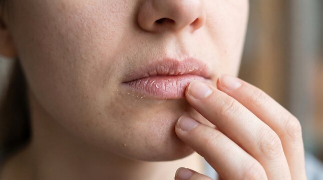 Woman touching dry chapped lips