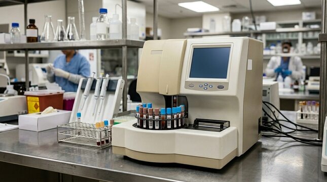 Coagulation Analyzer Machine on Clinical Lab Bench &mdash; Hematology Hemostasis Testing Commercial Medical Stock Photo