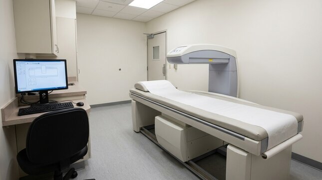 DEXA Dual-Energy X-Ray Absorptiometry Table Clinical Room &mdash; Bone Density Osteoporosis Medical Stock Photo