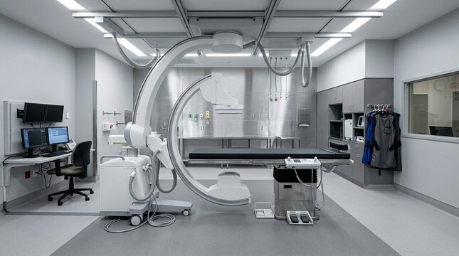 Fluoroscopy Suite C-Arm Full View Clinical Room No Patient &mdash; Interventional Radiology Medical Stock Photo