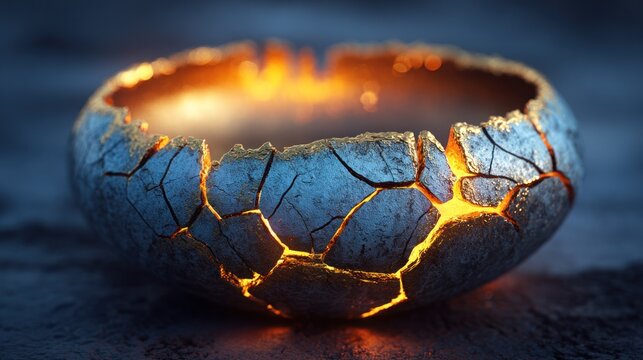 Glowing light emits from fissures across the surface of an ancient, broken container.
