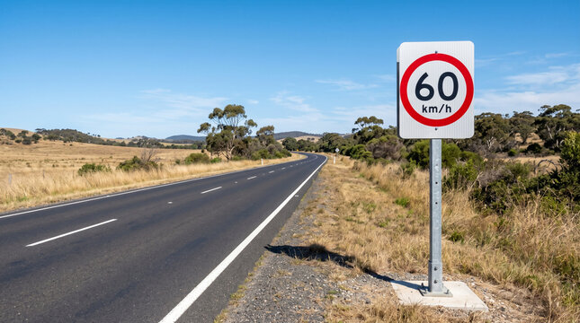 A single Speed Limit 60 km/h sign beside an empty highway, bright morning sunlight.

