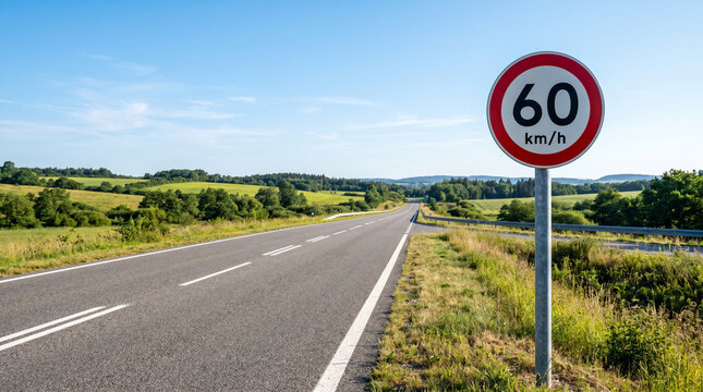 A single Speed Limit 60 km/h sign beside an empty highway, bright morning sunlight, clear blue sky, realistic road environment.