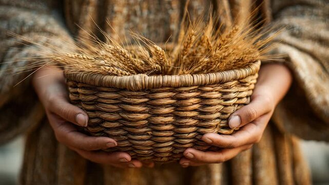Closeup of hands holding a woven basket filled with golden wheat spikes, symbolizing harvest and abundance. Rustic textures and natural colors evoke a sense of tradition and sustainability