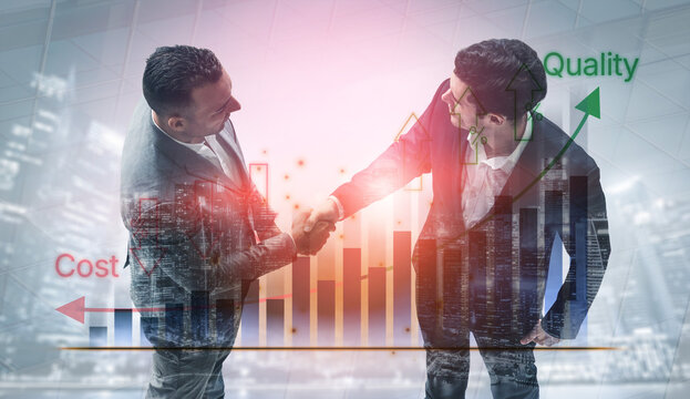 Professional Businessmen Engaging in a Handshake Overlaid with Financial Growth Graphs Representing Cost and Quality in a Corporate Environment. Bitwise.