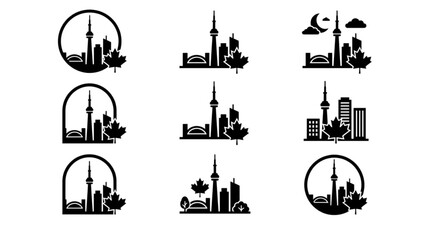 Fototapeta premium Set of Toronto City Skyline Silhouette Icons with Maple Leaf Symbols for Travel Tourism Branding and Canadian Web Design Graphics