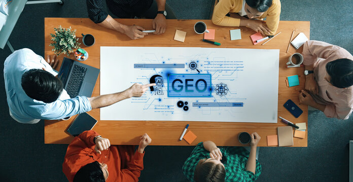 Digital marketing concept featuring GEO strategy. Generative AI search visual shows GEO interface integrating intelligence, logic, and AI input system for prompt tasks. Corpus