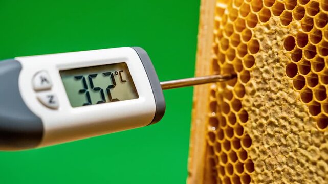 Measuring honeycomb temperature with digital probe thermometer.
