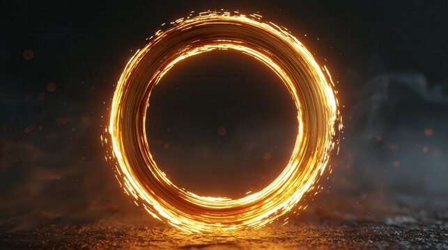 Abstract glowing golden enso circle symbol on dark background