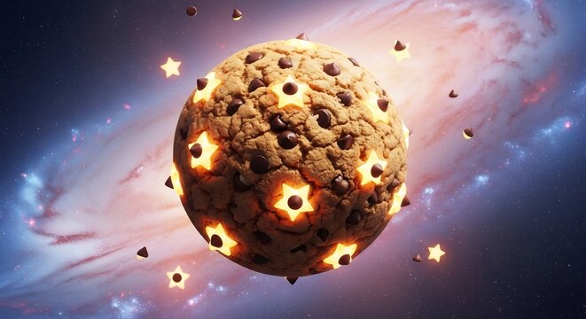 Cosmic Chocolate Chip Cookie Planet Exploding in Space.