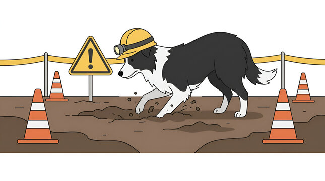 Border collie as a hard hat dog digging at construction site