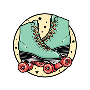 Retro mint green roller skates illustration with vibrant wheels.