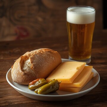 A Pint and a Bite: A refreshing glass of beer with a frothy head sits next to a rustic bread roll, slices of cheese, and pickled peppers on a plate, perfect for a casual snack or a simple meal.