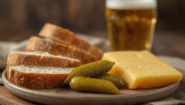 Beer and Bread Snack: A rustic wooden plate holds slices of crusty bread, a block of cheese, and gherkins, accompanied by a pint of frothy beer, a perfect pairing for a simple, satisfying bite.