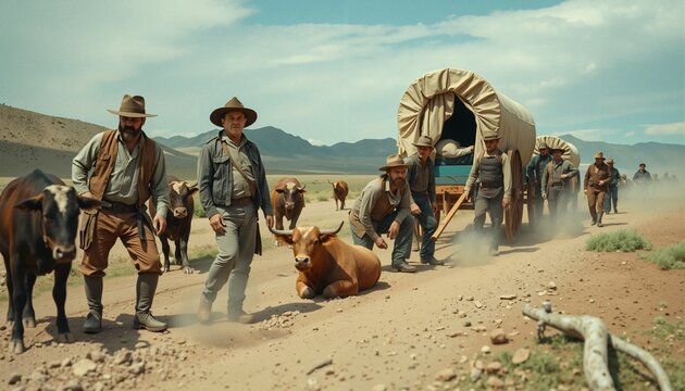 Wagon Train Cowboys and Cattle in Western Desert Landscape