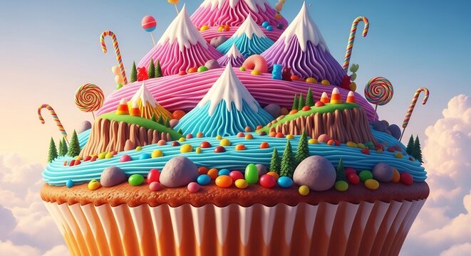 Whimsical Candy Land Mountain Cupcake Fantasy Landscape.