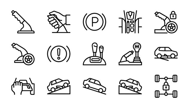 Car parking brake icons with hill hold assist and transmission levers in a clean line art style