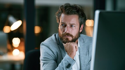 Naklejka premium Businessman Deep in Thought at Desk in Contemporary Office Interior