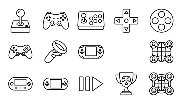 Digital gaming icons with various controllers consoles and trophy set against a clean background for technology concepts