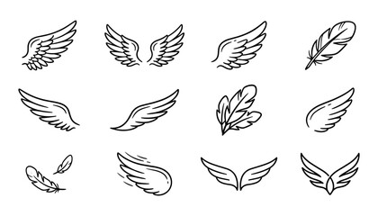 Hand drawn feather and wing icons with simple line art on a white background for design elements © Ataur