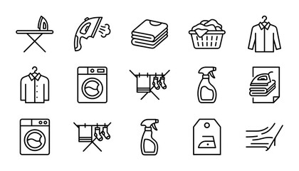 Fototapeta premium Laundry care icons with ironing board steam iron folded clothes basket washing machine and drying rack for household chores