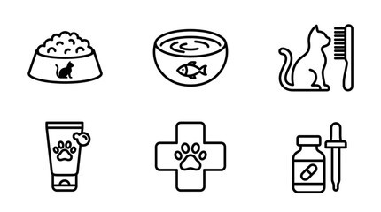 Fototapeta premium Cat care icon set with pets and symbols