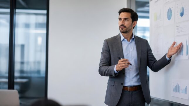 A focused professional in a sharp grey suit confidently gestures towards a presentation board filled with charts and graphs, articulating a complex business strategy to an unseen audience within