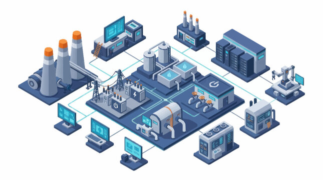Modern Industrial Factory Automation System with Robotic Arm and Computers.