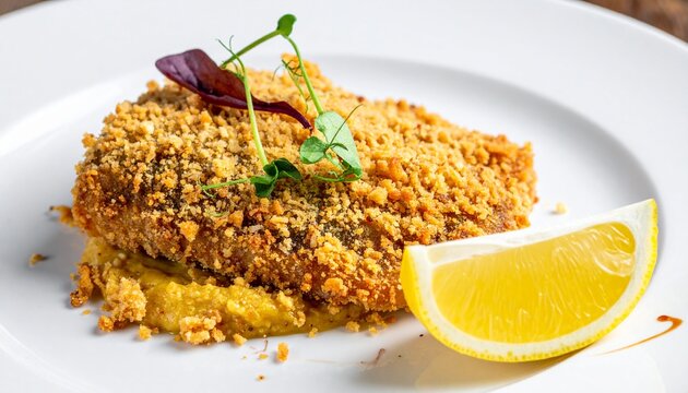 Delicious breadcrumb crusted fish fillet served on plate with lemon slice and garnish