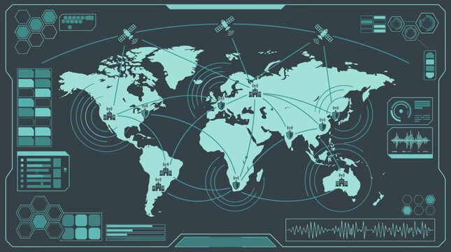 Global military cybersecurity network infographic with world map satellite communication lines and futuristic tech HUD data dashboard vector