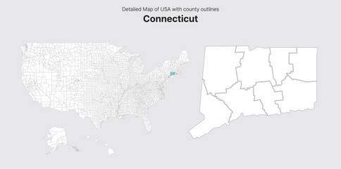 Fototapeta premium Vector US State and County Boundary Map. Connecticut map.