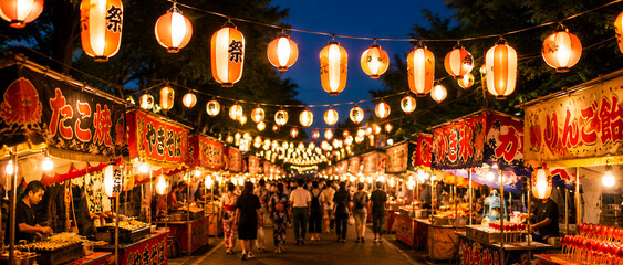Obraz premium 提灯が並ぶ夏祭りの屋台通り 夜の縁日風景