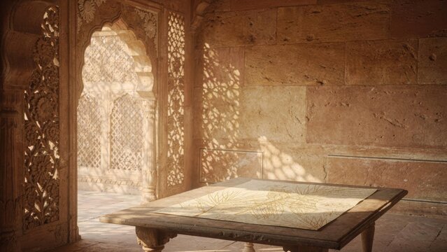 Sunlit Mughal sandstone interior with carved jali screen and antique table