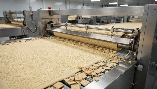 Medium shot capturing embossed dough sheets with intricate patterns being fed through cutting machines highlighting detailed cracker shaping in food manufacturing.