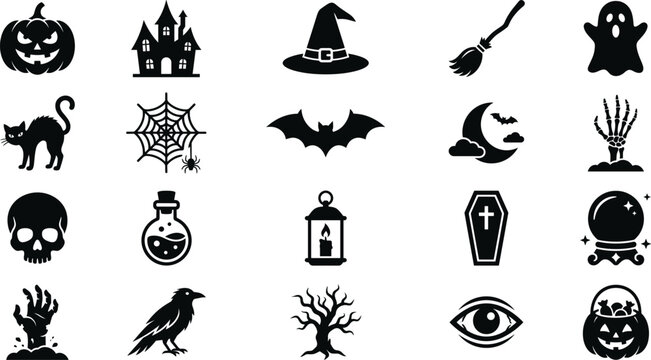 Halloween silhouette vector icons set featuring pumpkin jack o lantern haunted house ghost witch hat skull bat spider web and spooky elements.
