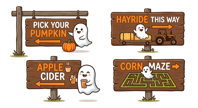 Cute Autumn Festival Wooden Signs Set with Ghosts for Pumpkin Picking, Hayrides, Apple Cider, and Corn Maze Directions