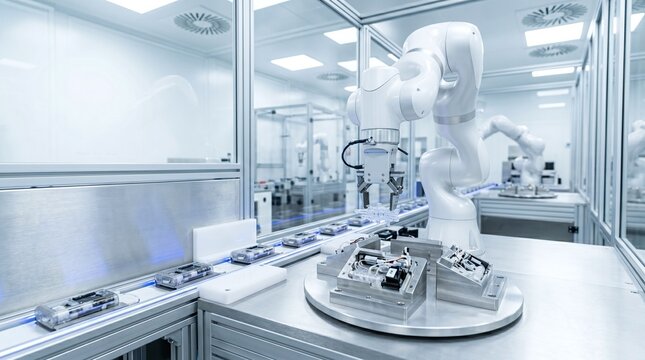 Robotic arms operate on an automated assembly line within a cleanroom laboratory
