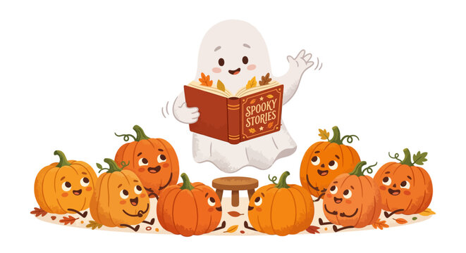 Cute cartoon ghost reading spooky stories to smiling pumpkins with autumn leaves, Halloween illustration for kids.