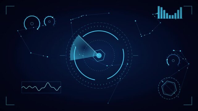 Holographic data processing center with futuristic HUD UI elements floating in a dark blue digital network space.