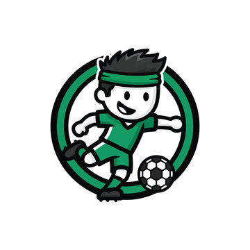 Cartoon soccer player mascot logo design with green uniform and headband.