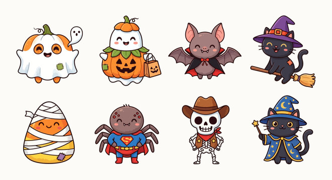 Adorable Halloween Cartoon Characters Set: Cute Ghost, Pumpkin, Bat, Witch Cat, Mummy Candy Corn, Spider, Skeleton, Wizard.